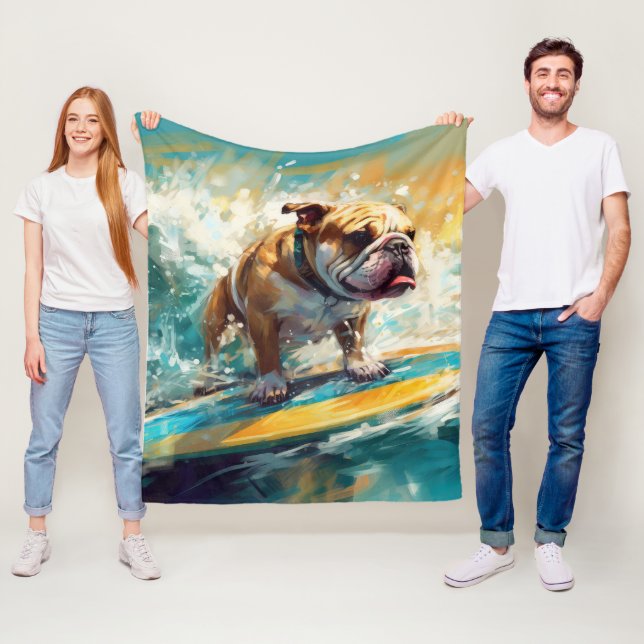 Bulldog Beach Surfing Painting Fleece Blanket (In Situ)