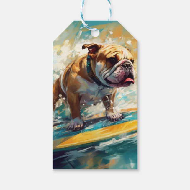 Bulldog Beach Surfing Painting Gift Tags (Front)