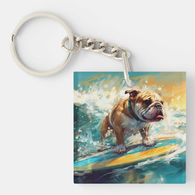 Bulldog Beach Surfing Painting Key Ring (Front)