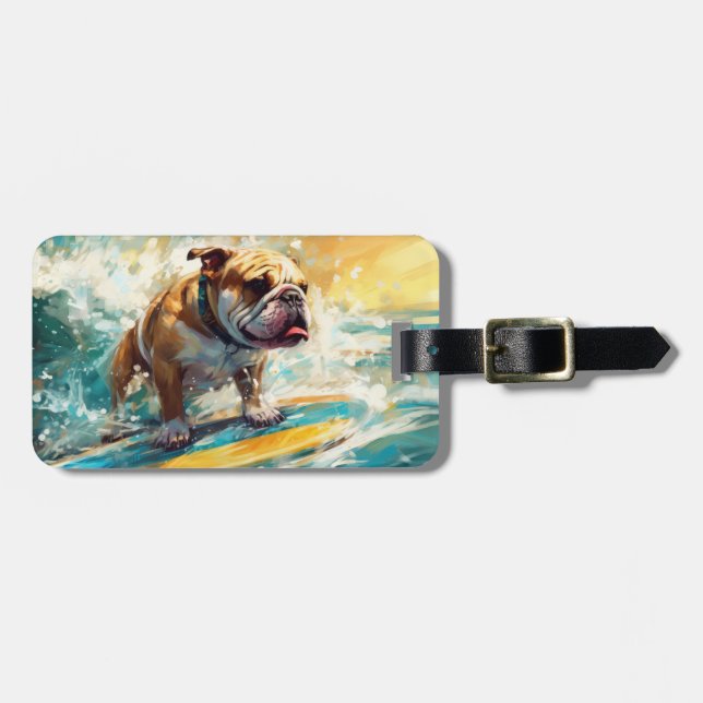Bulldog Beach Surfing Painting Luggage Tag (Front Horizontal)