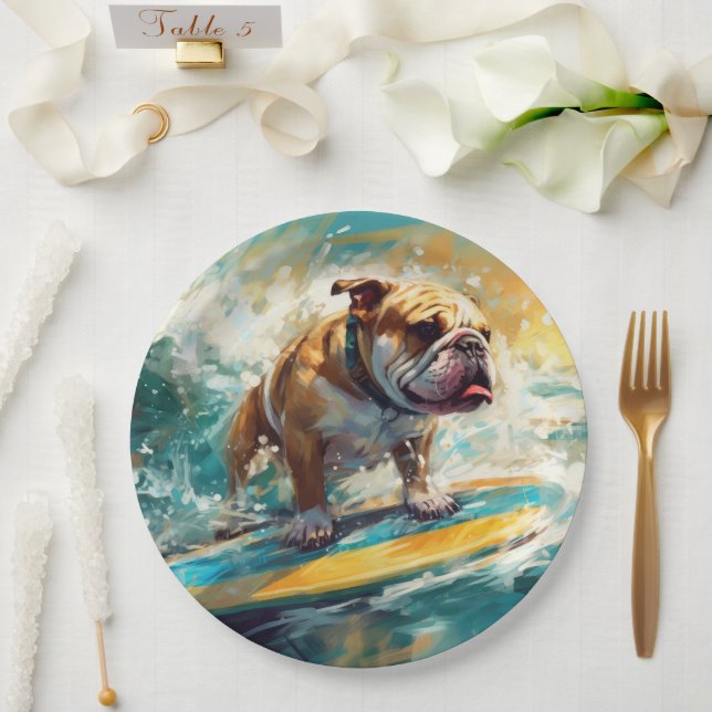 Bulldog Beach Surfing Painting Paper Plate (Wedding)