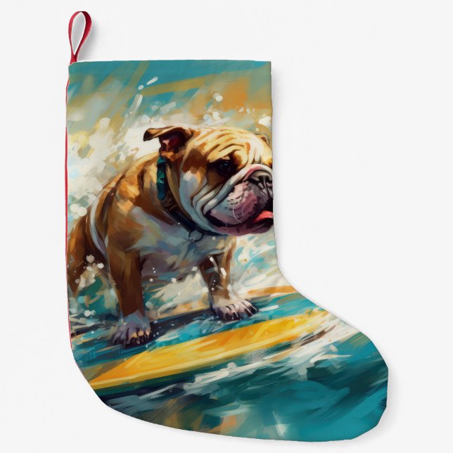Bulldog Beach Surfing Painting Small Christmas Stocking (Front)