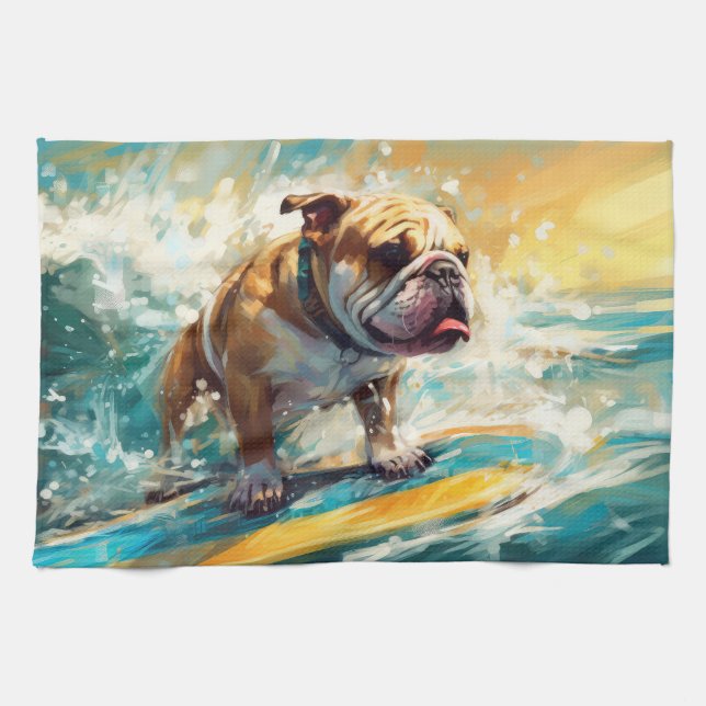 Bulldog Beach Surfing Painting Tea Towel (Horizontal)