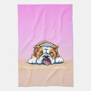 Bulldog Being Adorable Pink Off-Leash Art™ Tea Towel