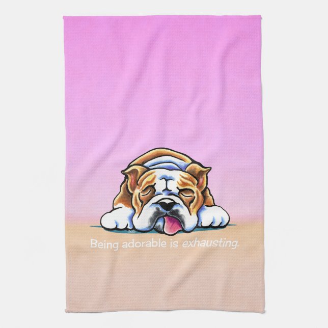 Bulldog Being Adorable Pink Off-Leash Art™ Tea Towel (Vertical)
