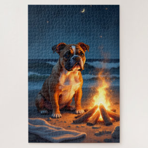 Bulldog Bonfire Beach Night Scene Jigsaw Puzzle