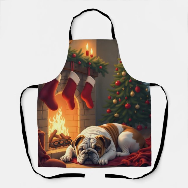 Bulldog by the Fireplace Christmas Painting Apron (Front)