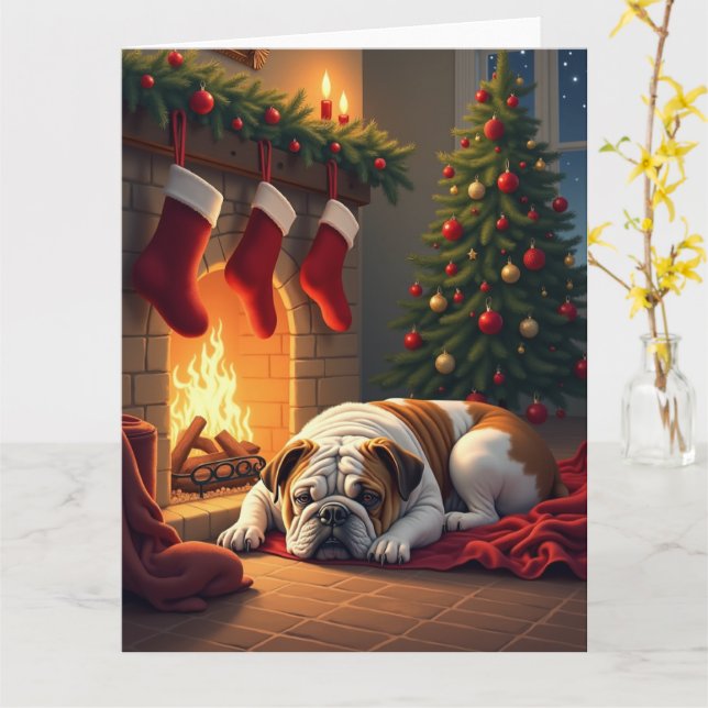 Bulldog by the Fireplace Christmas Painting Card (Yellow Flower)