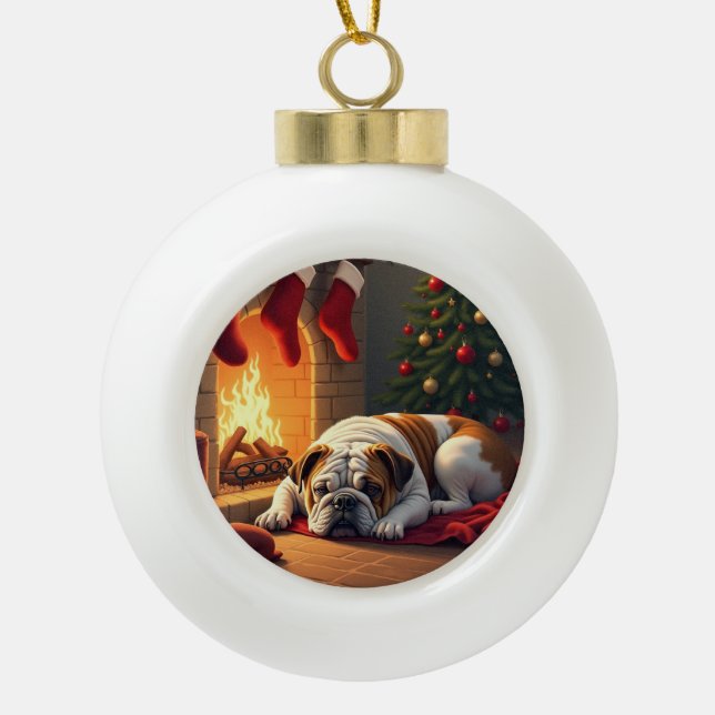 Bulldog by the Fireplace Christmas Painting Ceramic Ball Christmas Ornament (Front)