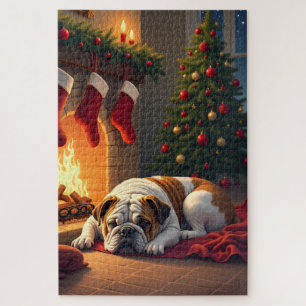 Bulldog by the Fireplace Christmas Painting Jigsaw Puzzle