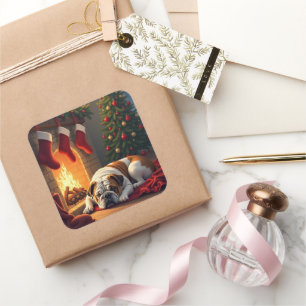 Bulldog by the Fireplace Christmas Painting Square Sticker