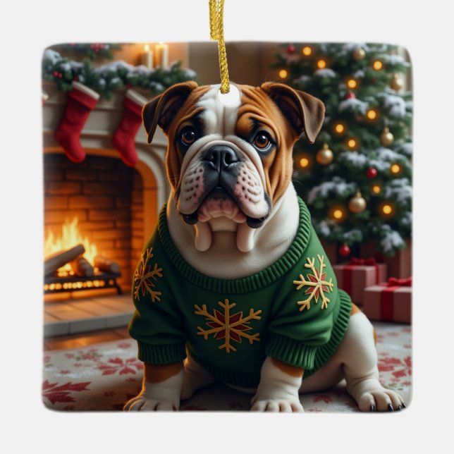Bulldog Christmas Art Ceramic Ornament (Front)