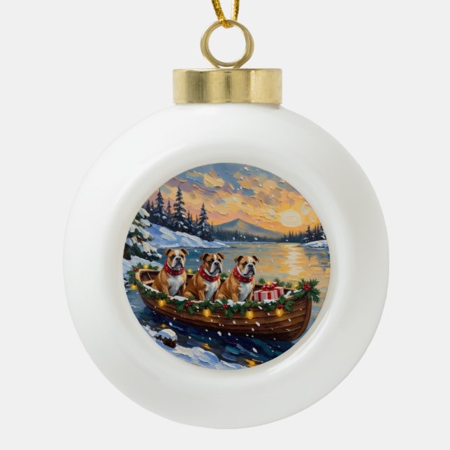 Bulldog Christmas Boat Holiday Ceramic Ball Christmas Ornament (Front)