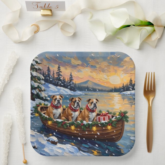 Bulldog Christmas Boat Holiday Paper Plate (Wedding)