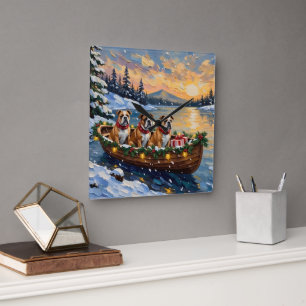 Bulldog Christmas Boat Holiday Square Wall Clock