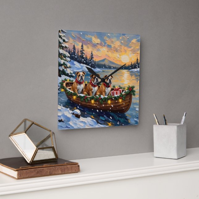 Bulldog Christmas Boat Holiday Square Wall Clock (Office)