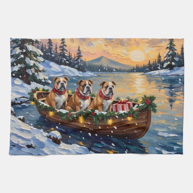Bulldog Christmas Boat Holiday Tea Towel (Horizontal)