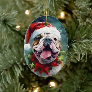 Bulldog Christmas brush painting artwork Ceramic Tree Decoration