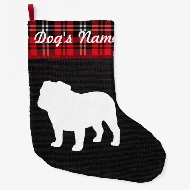 Bulldog Christmas Burlap Tartan Holiday Stocking (Front)