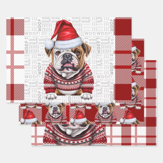Bulldog Christmas Dog Red White Plaid Wrapping Paper Sheet (Set)