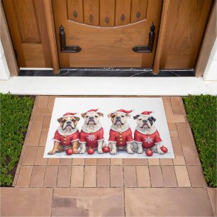 Bulldog Christmas Dress Santa Hat Doormat