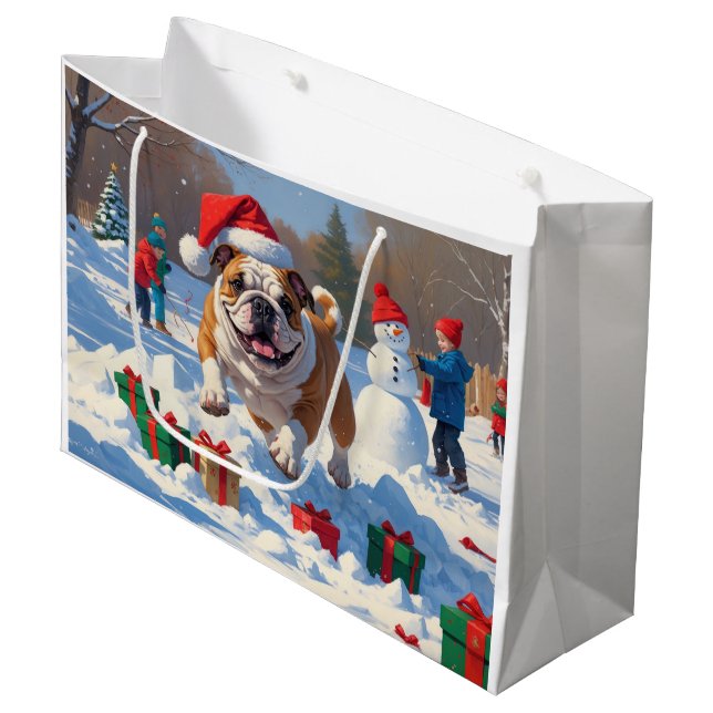 Bulldog Christmas Festive Snow Scene Large Gift Bag (Front Angled)
