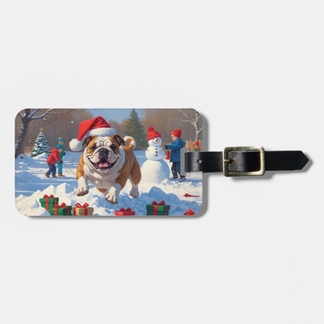 Bulldog Christmas Festive Snow Scene Luggage Tag (Front Horizontal)