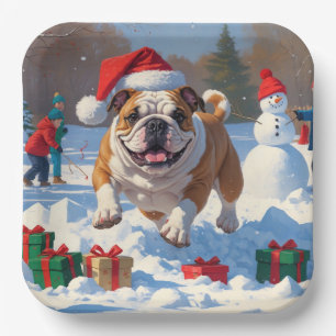 Bulldog Christmas Festive Snow Scene Paper Plate