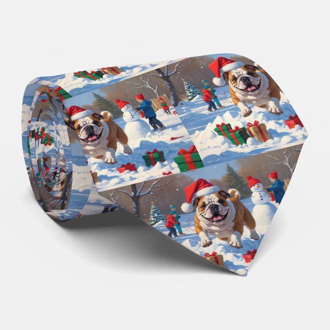 Bulldog Christmas Festive Snow Scene Tie (Rolled)