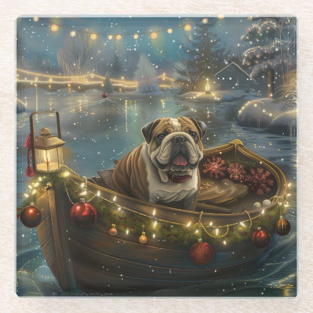 Bulldog Christmas Festive Voyage Glass Coaster (Front)