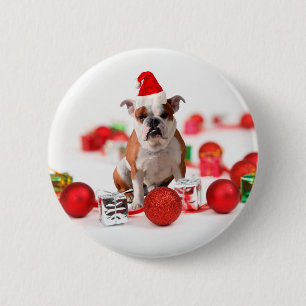 Bulldog Christmas Gift Box Ornaments Red Santa Hat 6 Cm Round Badge