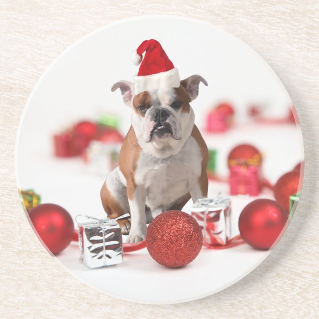 Bulldog Christmas Gift Box Ornaments Red Santa Hat Coaster (Front)