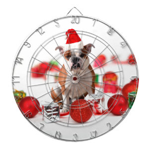 Bulldog Christmas Gift Box Ornaments Red Santa Hat Dartboard