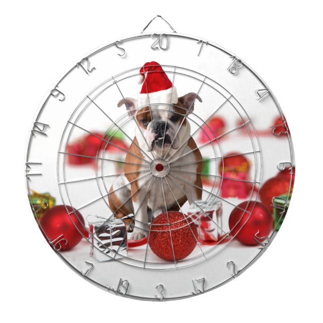 Bulldog Christmas Gift Box Ornaments Red Santa Hat Dartboard (Front)