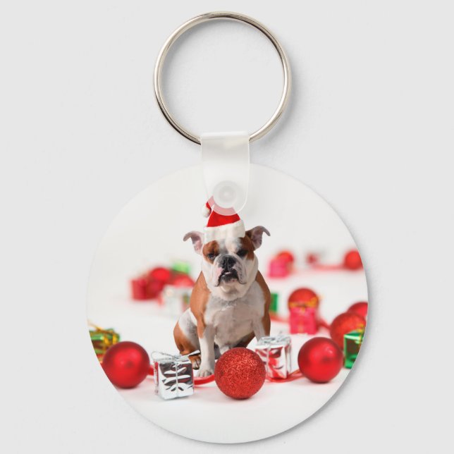 Bulldog Christmas Gift Box Ornaments Red Santa Hat Key Ring (Front)