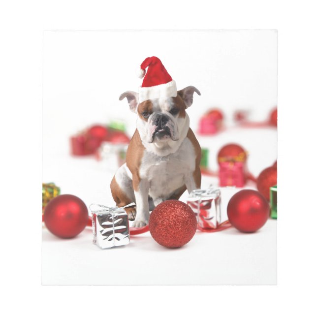 Bulldog Christmas Gift Box Ornaments Red Santa Hat Notepad (Front)