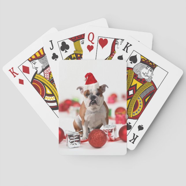 Bulldog Christmas Gift Box Ornaments Red Santa Hat Playing Cards (Back)