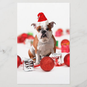 Bulldog Christmas Gift Box Ornaments Red Santa Hat Stationery