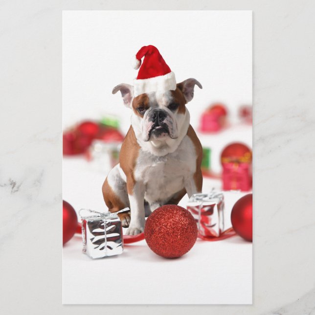 Bulldog Christmas Gift Box Ornaments Red Santa Hat Stationery (Front)
