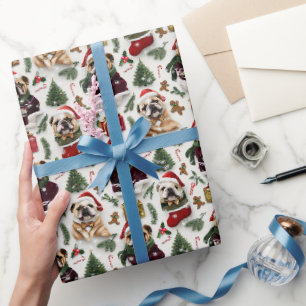 Bulldog Christmas Holiday Pattern with Santa Hats Wrapping Paper