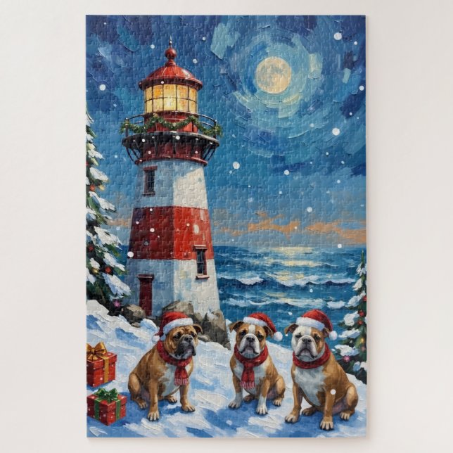 Bulldog Christmas Lighthouse Holiday Jigsaw Puzzle (Vertical)