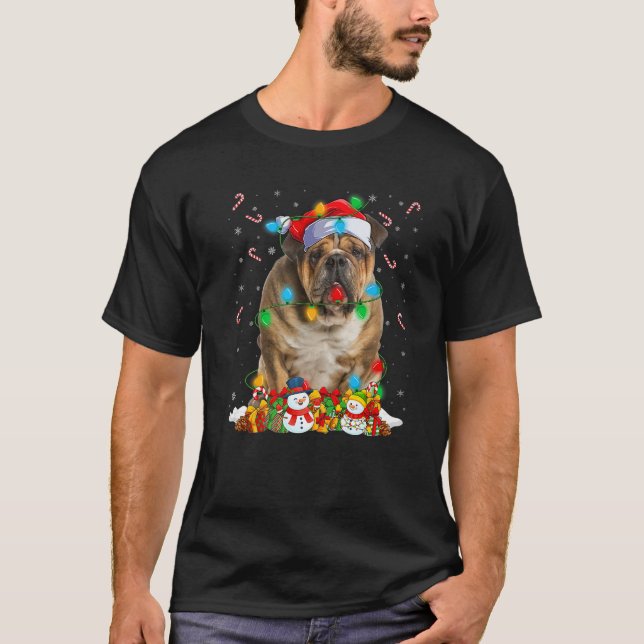 Bulldog Christmas Lights Funny Santa Hat Bulldog X T-Shirt (Front)