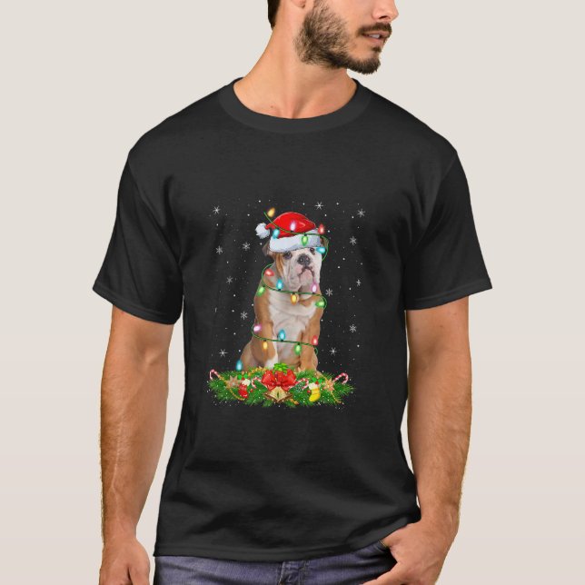 Bulldog Christmas Lights Funny Santa Hat Bulldog X T-Shirt (Front)