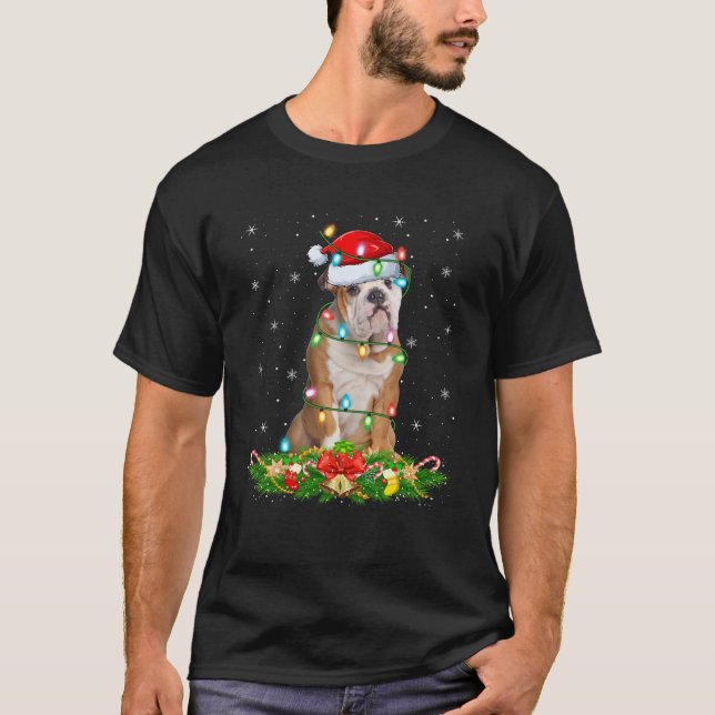 Bulldog Christmas Lights Funny Santa Hat Bulldog X T-Shirt (Front)