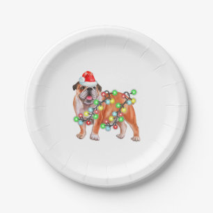 Bulldog Christmas Lights Santa Hat Xmas Dog Lover Paper Plate