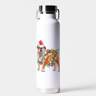 Bulldog Christmas Lights Santa Hat Xmas Dog Lover Water Bottle