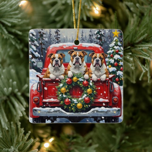 Bulldog Christmas Red Truck Holiday Ceramic Ornament (Tree)