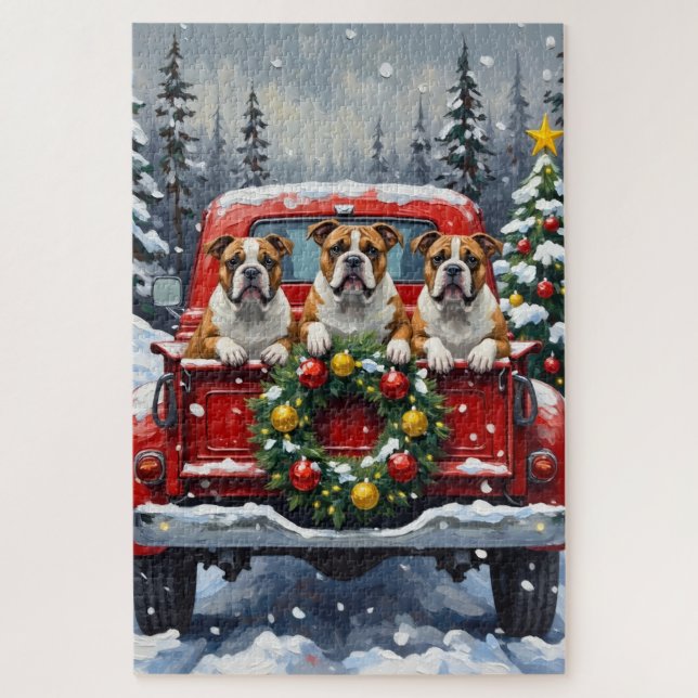 Bulldog Christmas Red Truck Holiday Jigsaw Puzzle (Vertical)