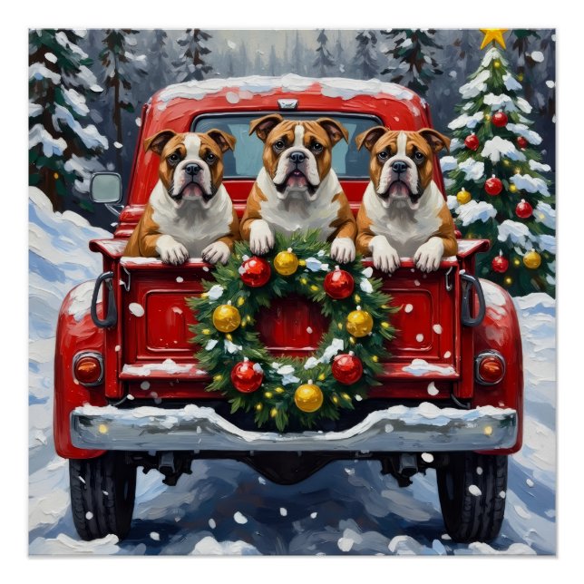 Bulldog Christmas Red Truck Holiday Poster (Front)