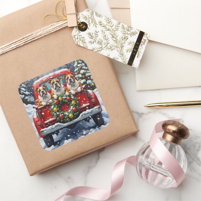Bulldog Christmas Red Truck Holiday Square Sticker (Gifting)